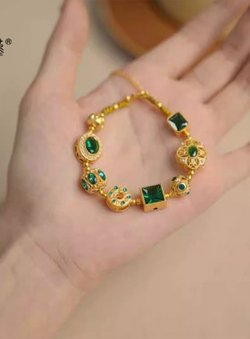 2025新款金店同款沙金国风绿野仙踪镂空配绿色镶锆珍珠款女士手链