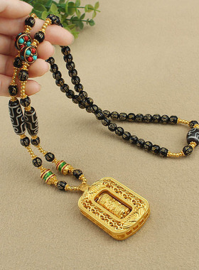 男女唐卡配链可拆卸金色长款吊坠六字箴言玛瑙天珠高档复古链项链