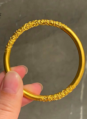 2025女款沙金999古法传承素圈卷草纹实心手镯宫廷风紫荆雕花手环