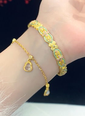 新中式古法珐琅彩繁花似锦仿金手镯复古小众设计高级感直播货源