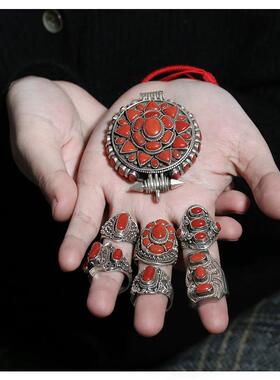 尼泊尔手工银饰品开口食指戒指环民族风镶嵌红宝石马鞍戒男女