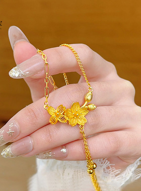 沙金鎏金流苏双生花桃花AB链锁骨链黄金色精致时尚套链项链送女友
