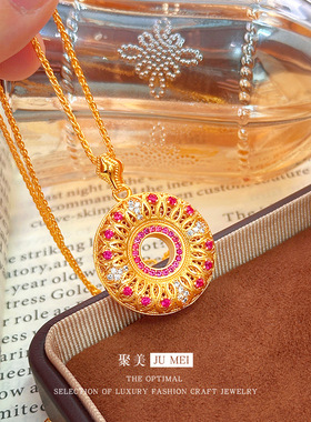 宫廷风黄金色沙金点钻红锆石平安扣吊坠女精致锁骨项链送女友礼物