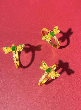 金店款蜓戒指女百搭时尚简约锆石开口食指戒沙金饰品精工高级