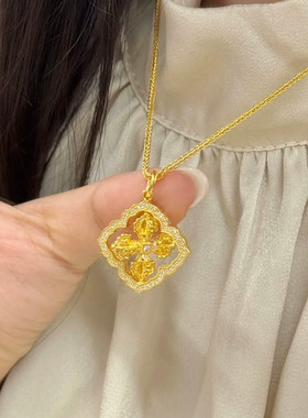 可旋转沙金点钻十字金刚杵项链黄金色新中式四合如意吊坠女锁骨链