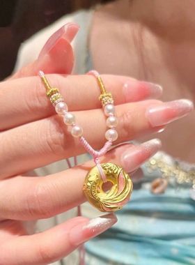 小红书同款沙金蜜粉锦鲤平安扣吊坠项链甜美系精致莲花挂坠锁骨