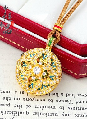 沙金镶钻国色天香葫芦罗盘吊坠宫廷黄金色四方迎福葫芦罗盘项链女