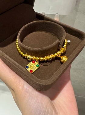 2026女士久黄金色越南沙金錾刻五条经文莲花印章手链百搭金珠手串