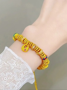 2025女款沙金点钻锤纹小胖福麻花纹盘缠手链女新中式编织红绳手串