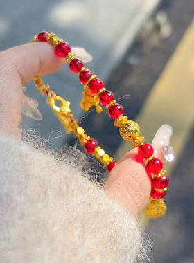 2025新款沙金六字真言转经轮手链红色本命年金佛守护神转运珠手串