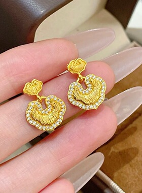 金店同款黄金色沙金点钻拉丝祥云福禄如意锁耳钉女士时尚百搭耳环