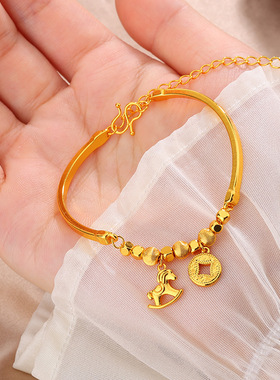 女士黄金色沙金马上有钱手镯小马铜钱碎碎冰半镯链小红书同款手链