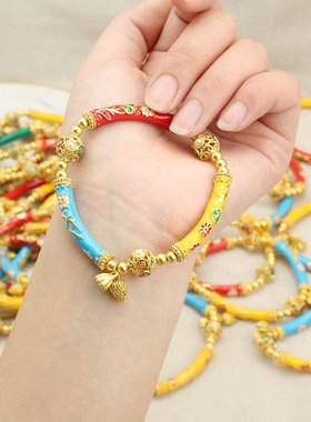 2026新款新中式国风手链古法珐琅彩金球手串弯管景泰蓝串珠女手环