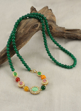 2025女式祖母绿色圆珠一款多戴项链中式多圈层手链复古时尚毛衣链