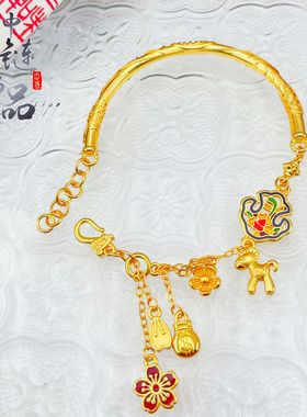 2026网红同款黄金色沙金吉言半镯马上有钱花手半镯链女式国风镯子