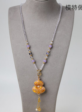 女款薰衣草紫玉髓水晶吊坠衣链泰国系佛牌项链藏式唐卡挂链圆珠链