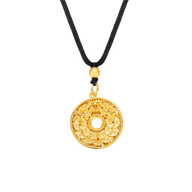 Ancient Qianlong Brand Lucky Necklace for Men and Women Sand Gold Filigree Hollow Qianlong Tongbao Coin Pendant Pendant