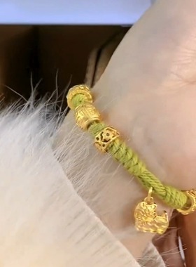古法沙金国潮醒狮算盘滴溜手链牛油果色编织手绳瑞兽招财锦鲤