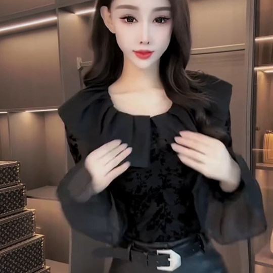 Sexy bottoming shirt with lotus leaf collar and mesh flocking design