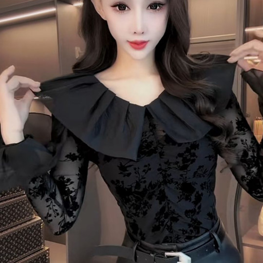 Sexy bottoming shirt with lotus leaf collar and mesh flocking design