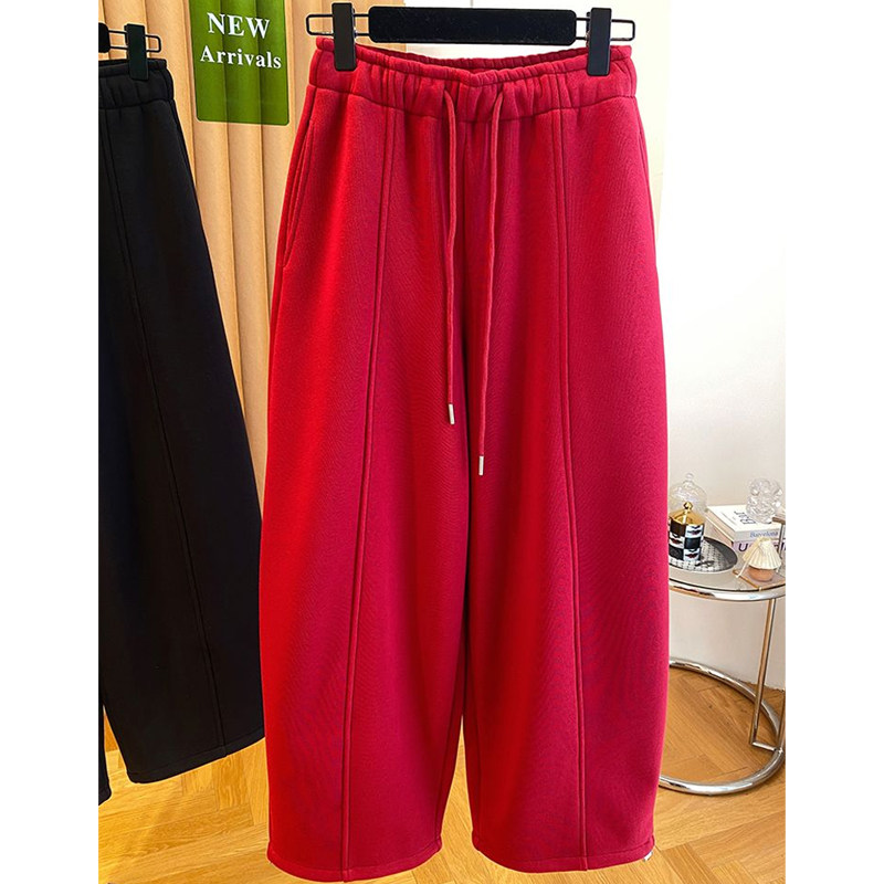 韩系时尚百搭红色休闲卫裤女2026春季新款加绒束脚阔腿两穿长裤子,淘宝优惠券,粉丝福利购,淘宝优惠卷