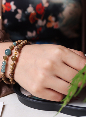 禅木匠沉香木蓝水翡翠和田玉手链