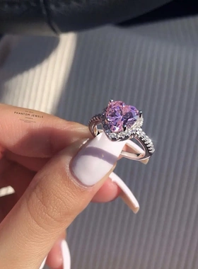 粉色爱心戒指镀白金精品女戒锆石