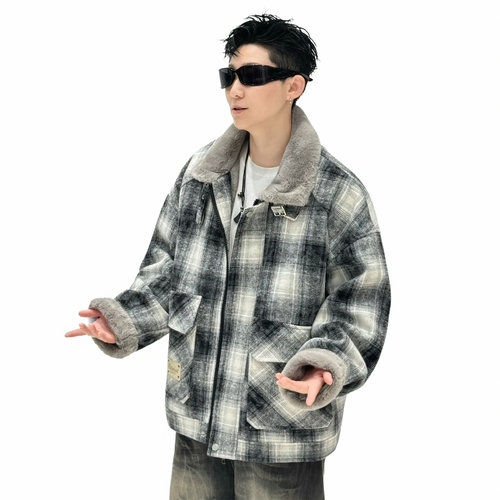 潮牌美式格子加绒加厚翻领工装棉衣外套男冬季学生加兔毛派克棉服 - 图0