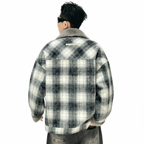 潮牌美式格子加绒加厚翻领工装棉衣外套男冬季学生加兔毛派克棉服 - 图2