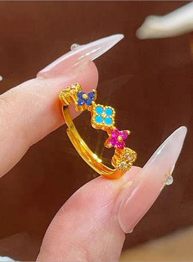 多巴胺彩色幸运四叶花系列女vintage森系百搭手链项链耳钉戒指
