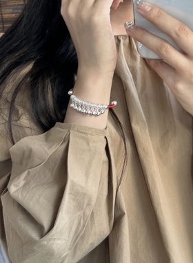 足银9999银手镯民族风女推拉款铃铛复古手环光面实心镯子送女友