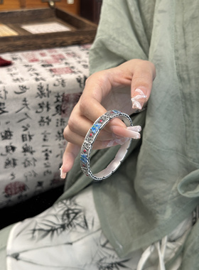 兮语「蝶釉」足银999.9珐琅蝴蝶手镯女款时尚手工绕丝镯生日礼物