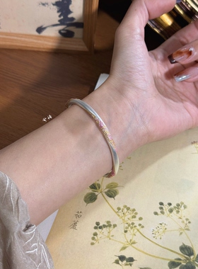 兮语「染秋」足银9999手镯女荷花珐琅描金镯子新中式国风礼物