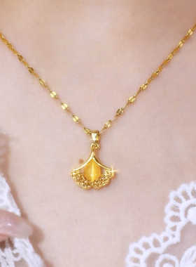 气质香槟色银杏叶猫眼石吊坠项链