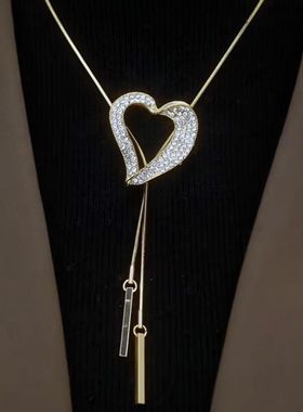 微镶满钻大爱心流苏毛衣链高级感气质简约长款项链女秋冬配饰挂件