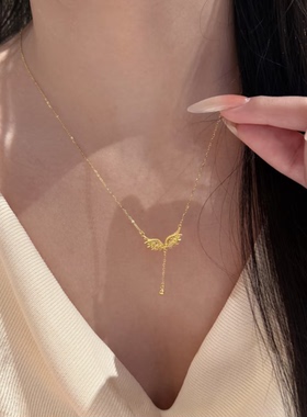 金色亮闪天使翅膀流苏球球吊坠锁骨链轻奢小众项链甜美气质配饰潮