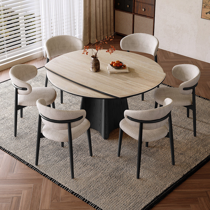 2026新款洞石岩板实木伸缩餐桌可变圆桌黑色复古风小户型家用饭桌,淘宝优惠券,粉丝福利购,淘宝优惠卷