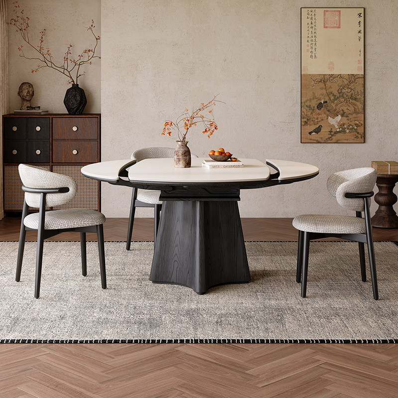 2026新款洞石岩板实木伸缩餐桌可变圆桌黑色复古风小户型家用饭桌,淘宝优惠券,粉丝福利购,淘宝优惠卷