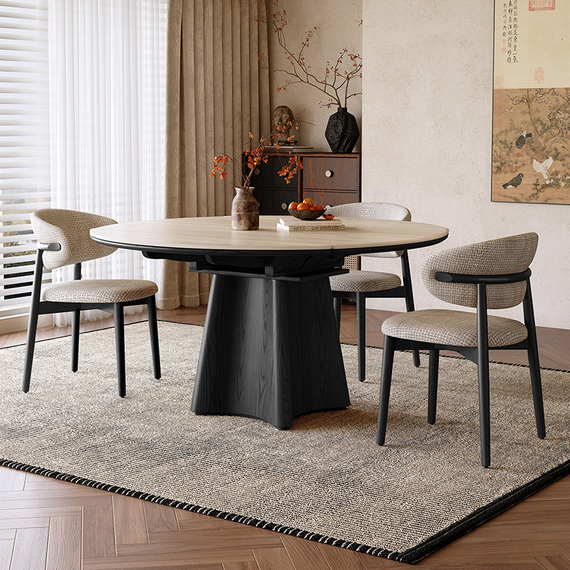 2026新款洞石岩板实木伸缩餐桌可变圆桌黑色复古风小户型家用饭桌,淘宝优惠券,粉丝福利购,淘宝优惠卷