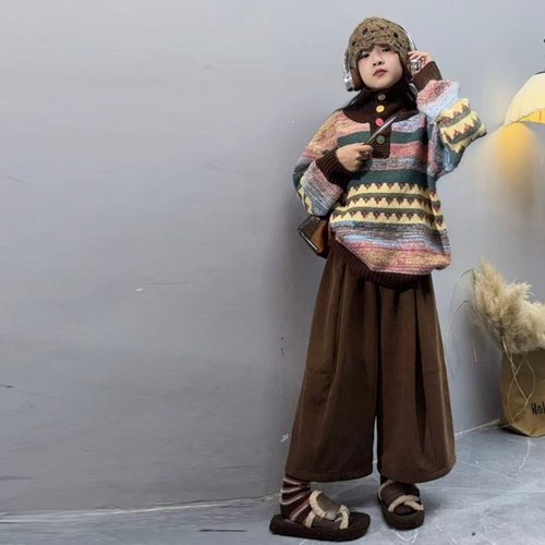 女童彩色扣子高领针织毛衣套装秋冬新款时髦儿童复古灯芯绒花苞裤 - 图0