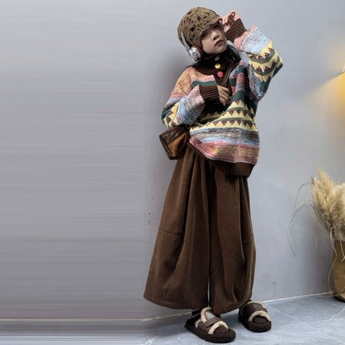 女童彩色扣子高领针织毛衣套装秋冬新款时髦儿童复古灯芯绒花苞裤 - 图2