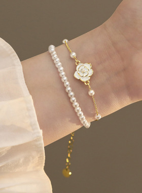 两件套山茶花手链滴油珍珠简约时尚轻奢小众手串女高级新款首饰