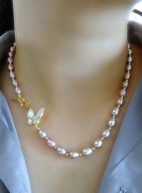 一生所求蝴蝶项链纯天然紫色珍珠颈链锁骨链短款项饰品情人节礼物