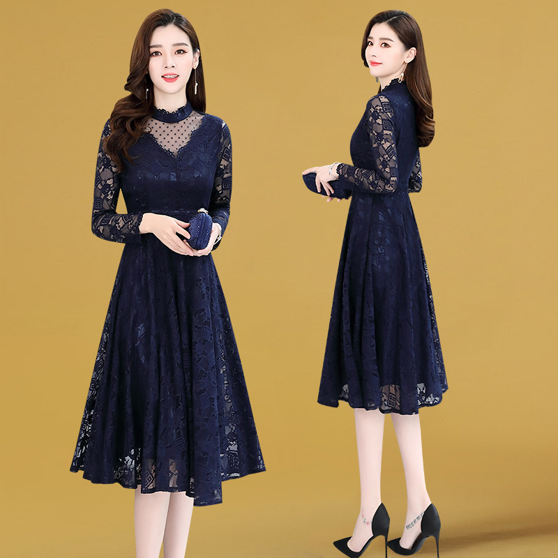 大牌2023春夏新款时尚女装长袖中长款蕾丝拼接打底连衣裙显瘦潮