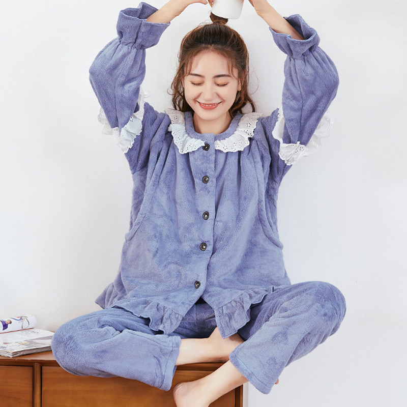 月子服秋冬季加大码哺乳法兰绒睡衣 韵娜世家家居服套装