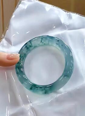 翡翠色高冰透蓝绿飘花圆条手镯子女款送妈妈流行饰品拍照玉镯子