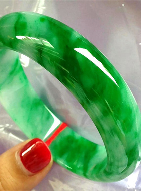 缅甸天然A货翡翠冰糯种辣绿飘花帝王绿翡翠玉石女款手镯飘绿道具