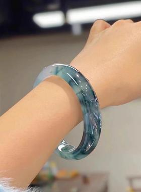 天然缅甸高冰种飘花翡翠玉手镯正圈玉石冰透飘蓝花玻璃种手镯
