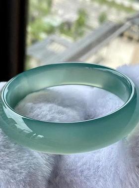 天然冰种油青色胖圆条玛瑙中宽玉髓手镯女款古风百搭玉石附赠证书