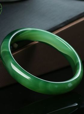 天然翡翠绿玛瑙玉石手镯女款缠丝玛瑙镯子帝王绿宽玉髓手镯带证书